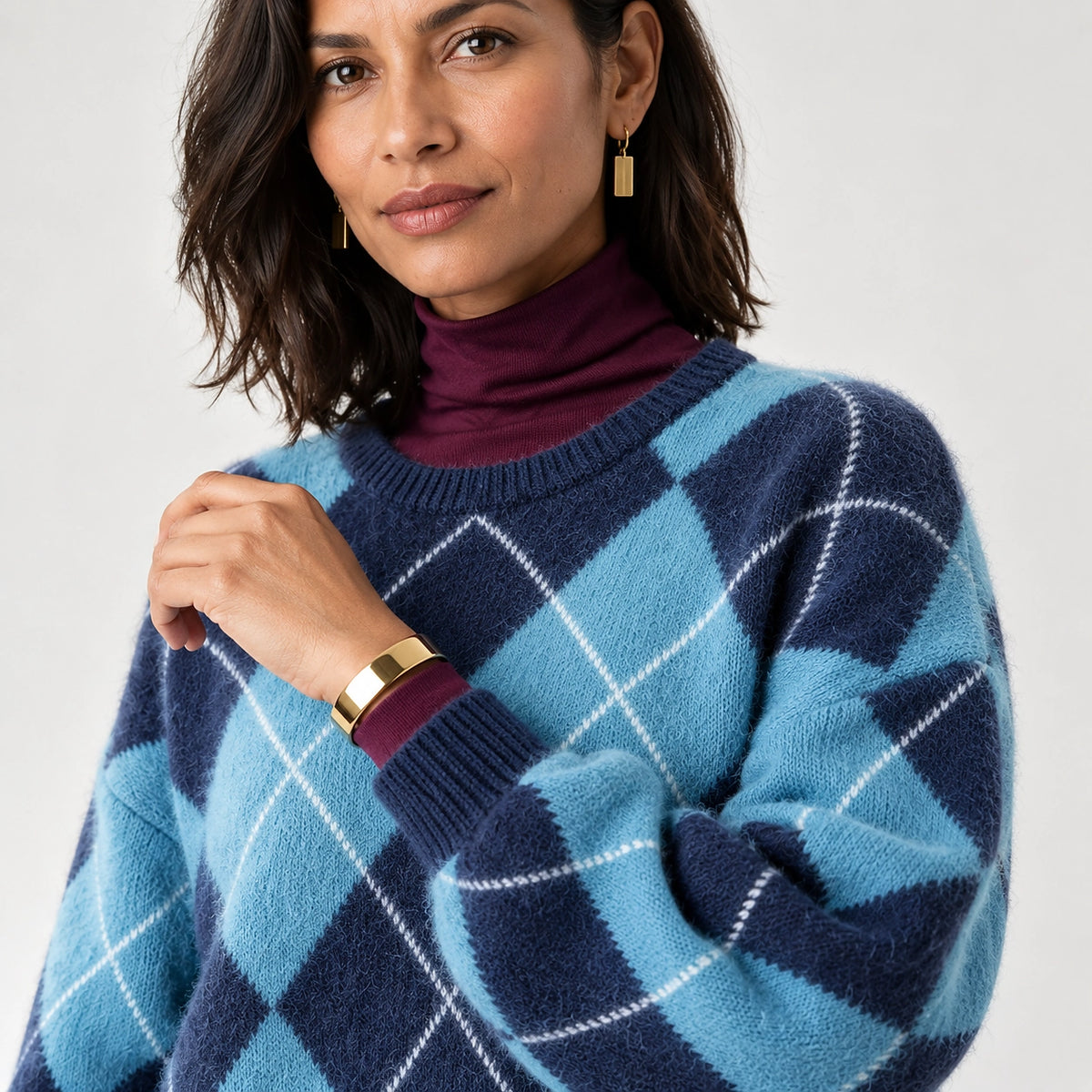 Halwyn Argyle Knit Sweater — Light Blue Argyle (apparel detail)