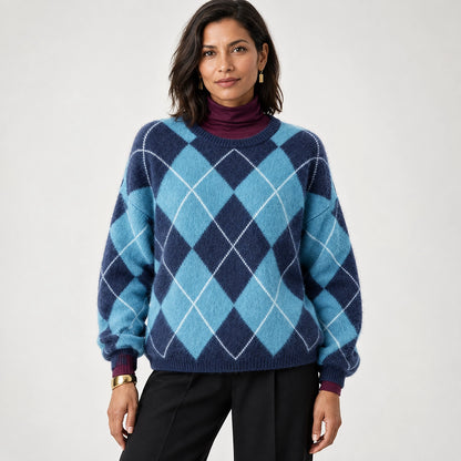 Halwyn Argyle Knit Sweater — Light Blue Argyle (apparel front)