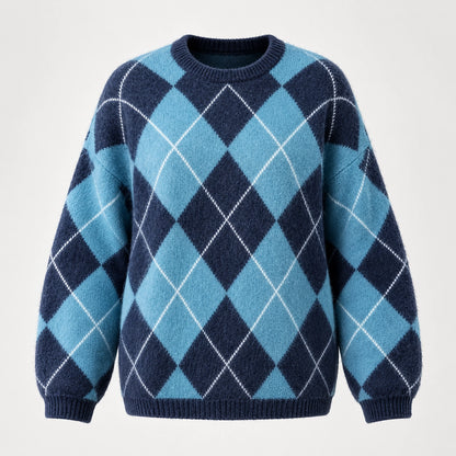 Halwyn Argyle Knit Sweater — Light Blue Argyle (apparel solo)