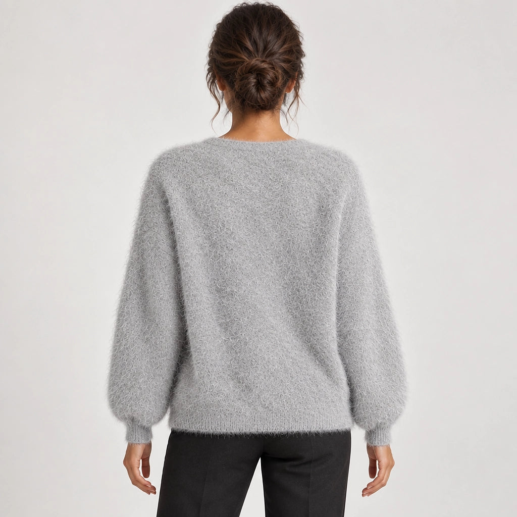 Halvern Fuzzy Knit Cardigan — Light Gray (apparel back)
