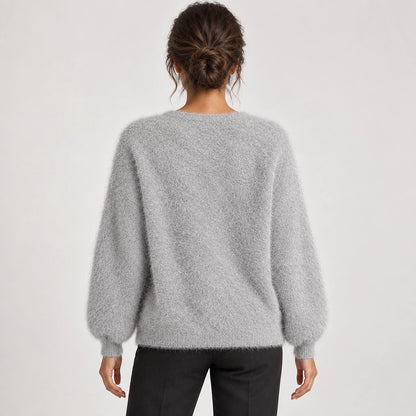Halvern Fuzzy Knit Cardigan — Light Gray (apparel back)