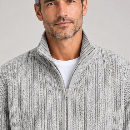 Daxton Ribbed Knit Cardigan — Light Gray (apparel detail)