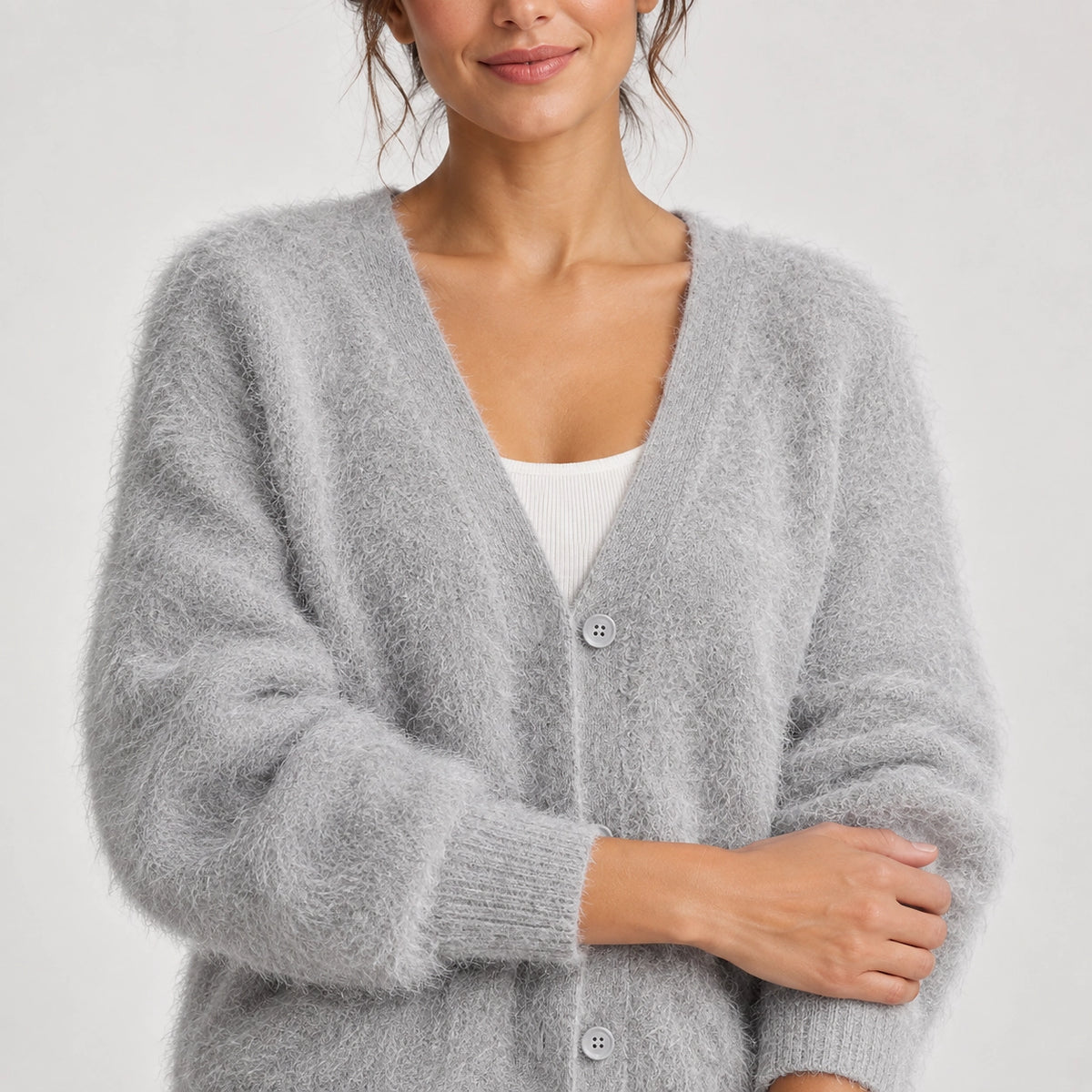 Halvern Fuzzy Knit Cardigan — Light Gray (apparel detail)
