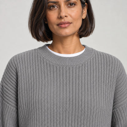 Brynn Ribbed Knit Sweater — Light Gray (apparel detail)