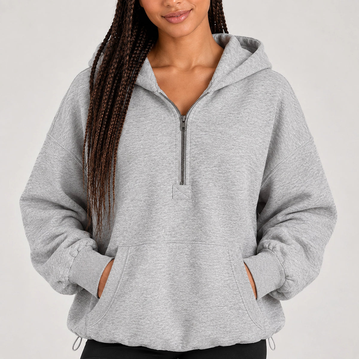 Brelyn Oversized Half-Zip Hoodie — Light Gray (apparel detail)