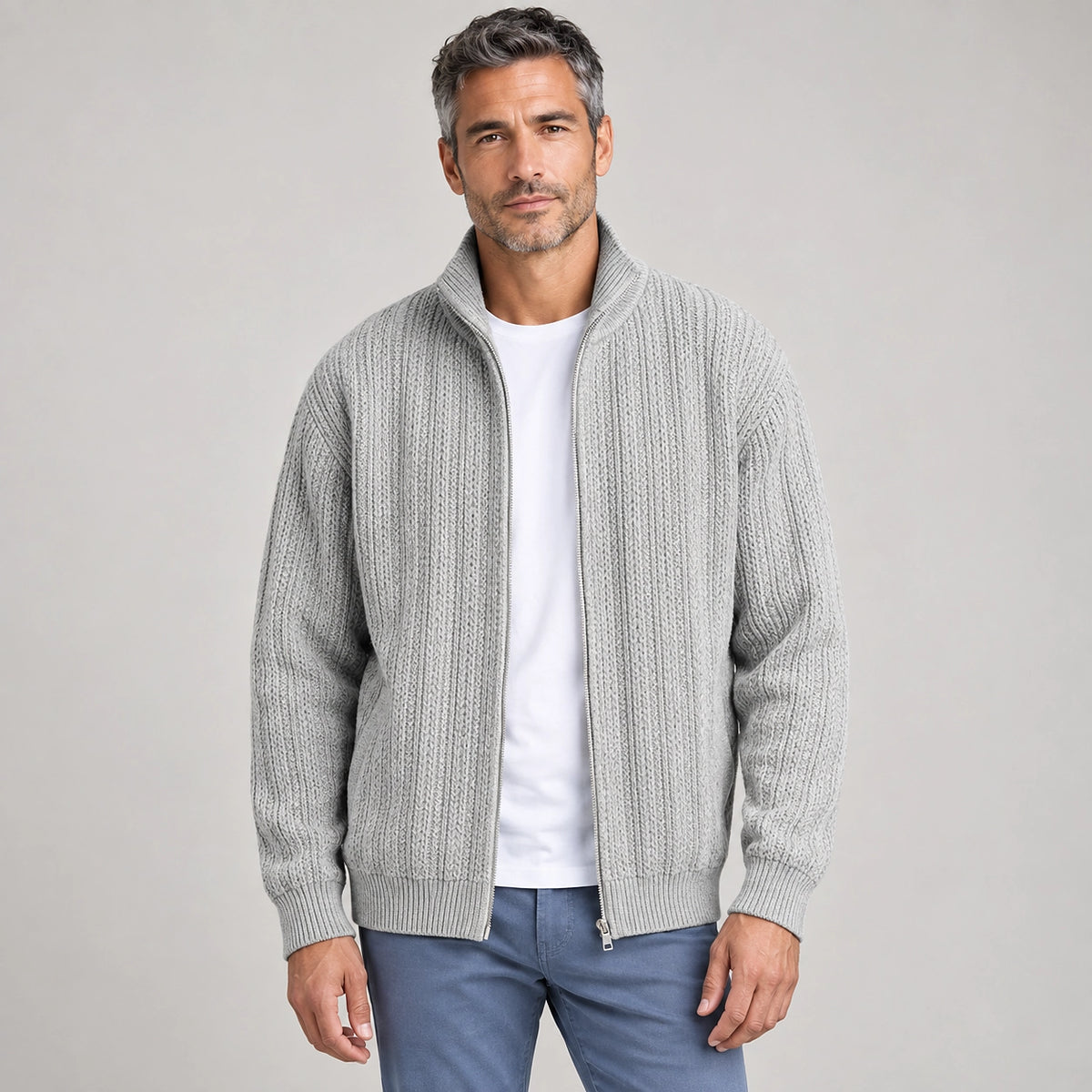 Daxton Ribbed Knit Cardigan — Light Gray (apparel front)