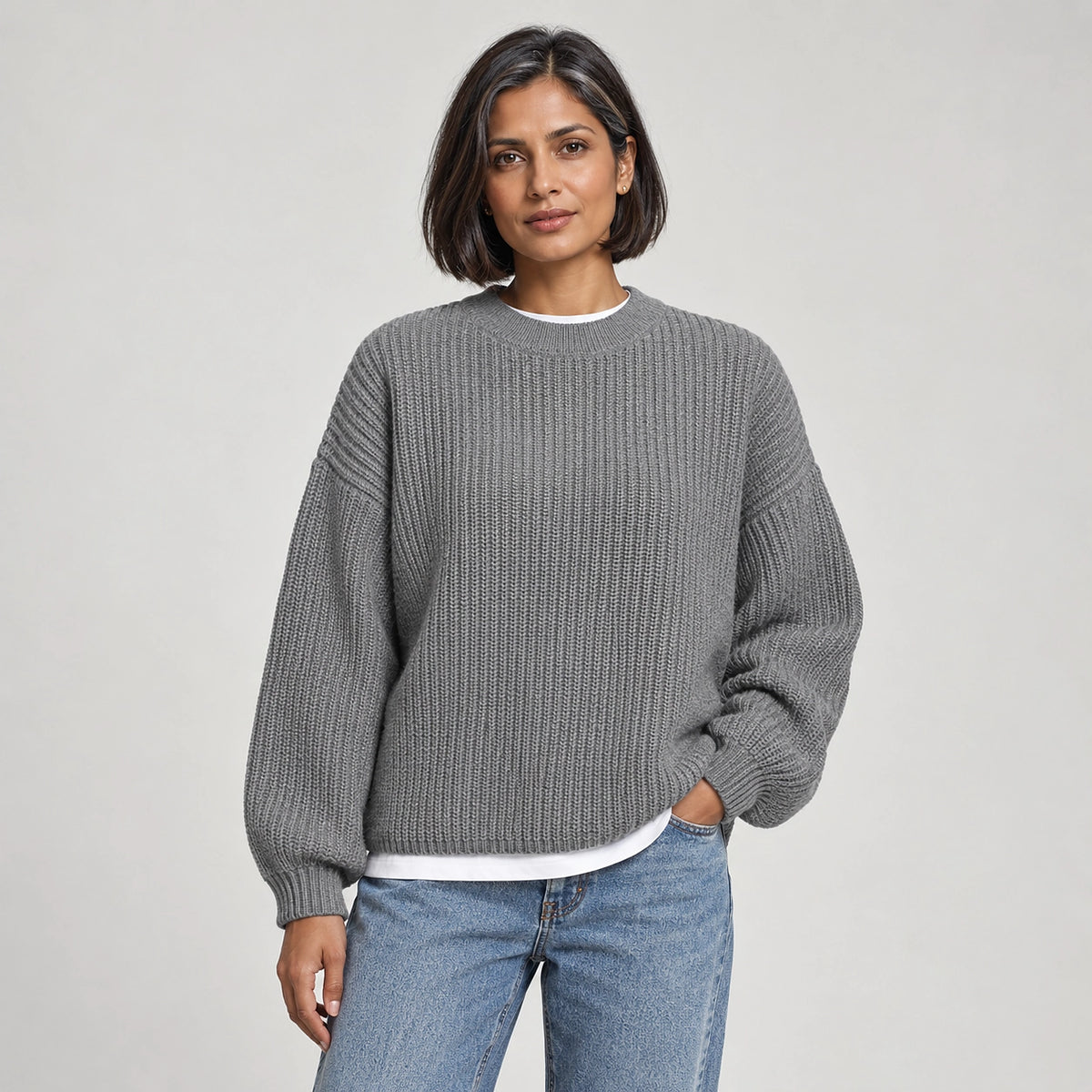 Brynn Ribbed Knit Sweater — Light Gray (apparel front)