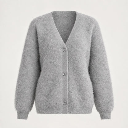 Halvern Fuzzy Knit Cardigan — Light Gray (apparel solo)