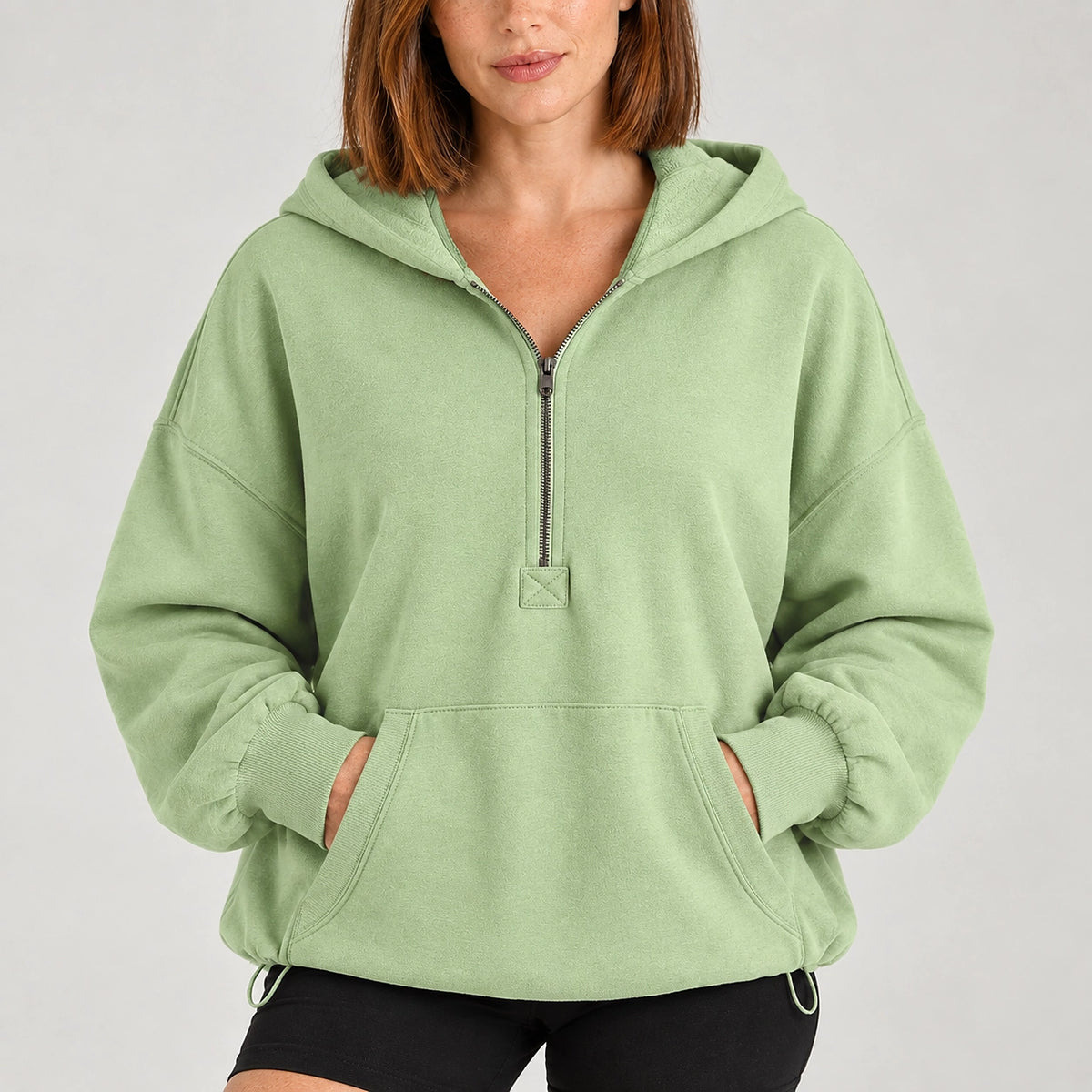 Brelyn Oversized Half-Zip Hoodie — Light Green (apparel detail)