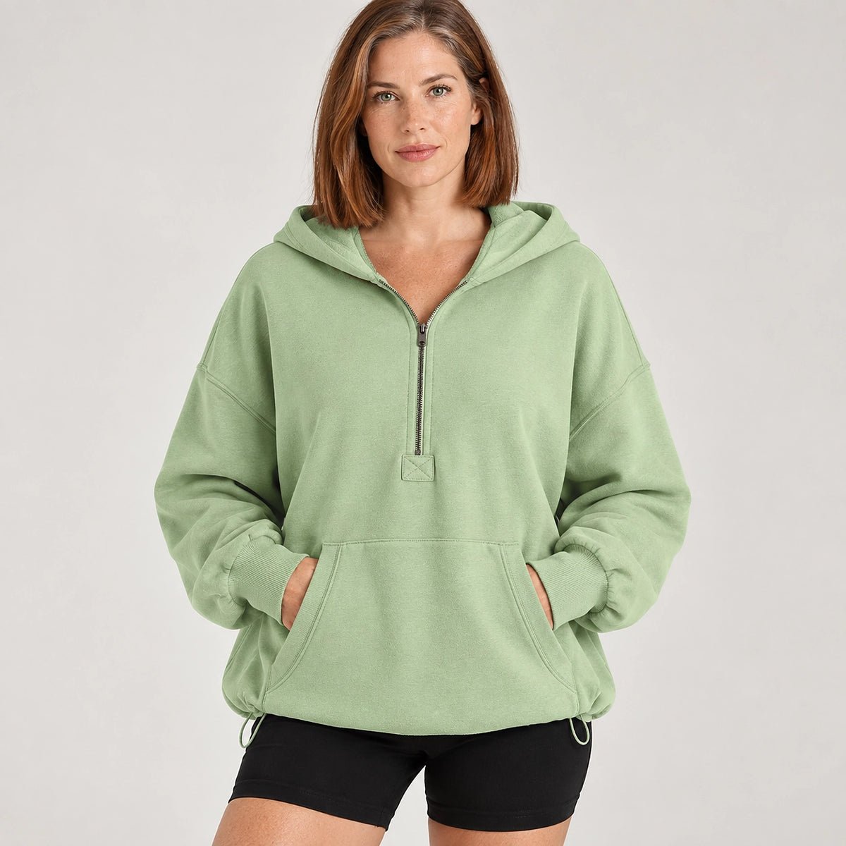 Brelyn Oversized Half-Zip Hoodie — Light Green (apparel front)
