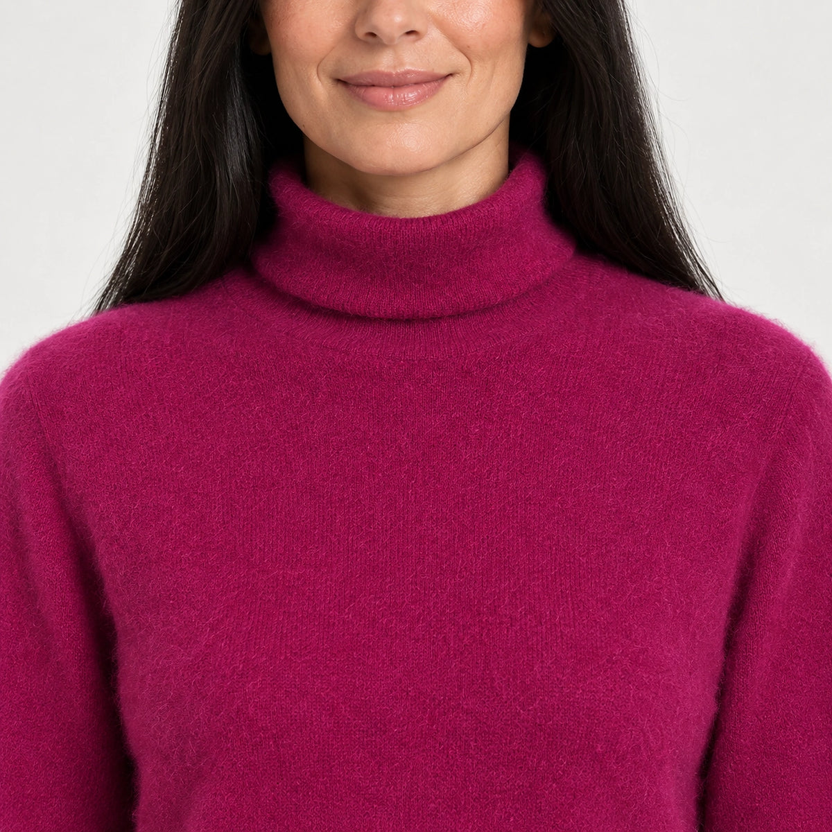 Halomi Cashmere Turtleneck Sweater — Magenta (apparel detail)