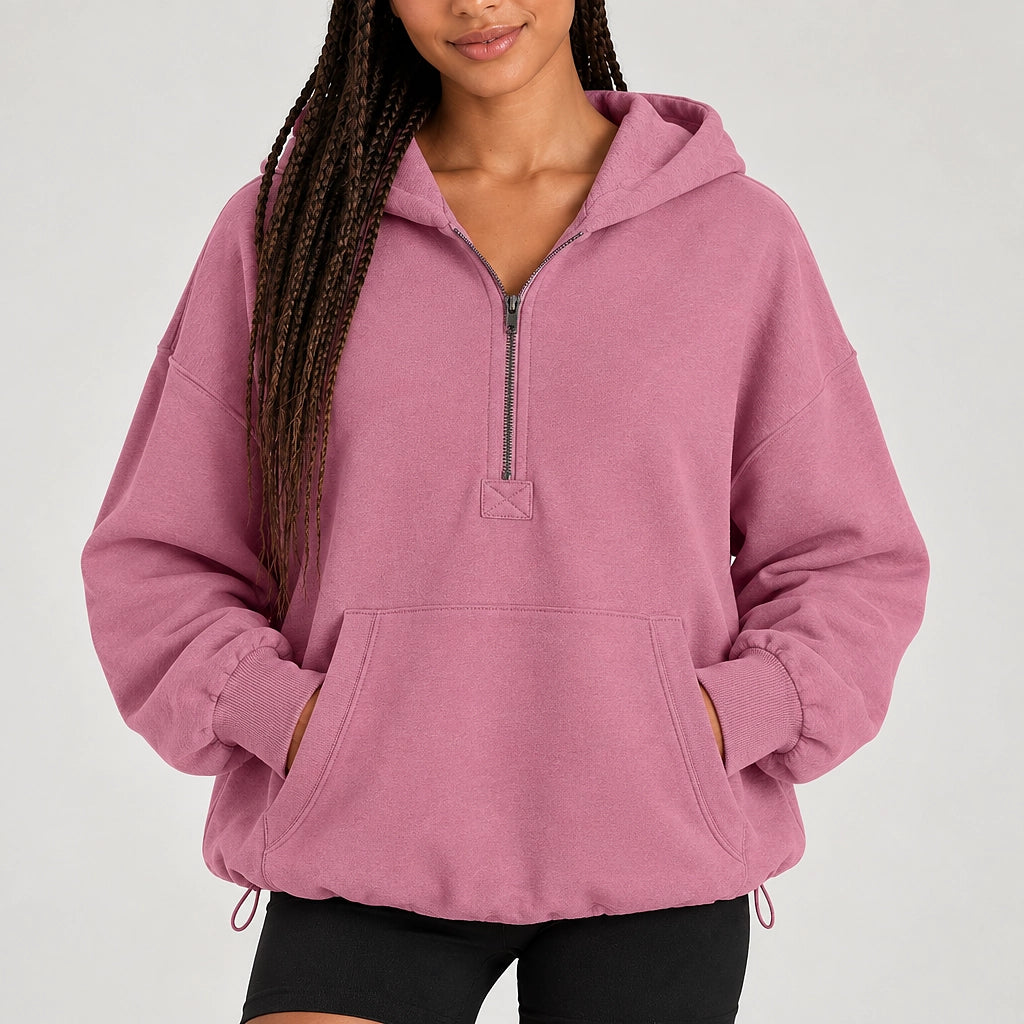 Brelyn Oversized Half-Zip Hoodie — Mauve (apparel detail)