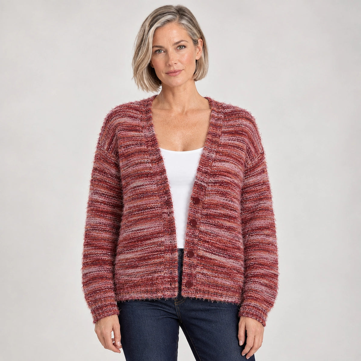 Belara Cotton Blend Cardigan — Mauve (apparel front)