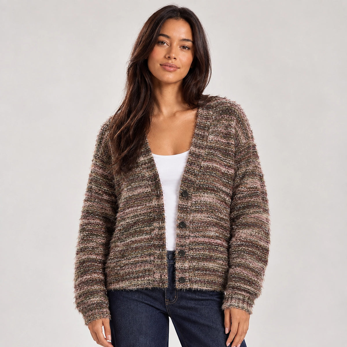 Belara Cotton Blend Cardigan — Multicolor Brown (apparel front)