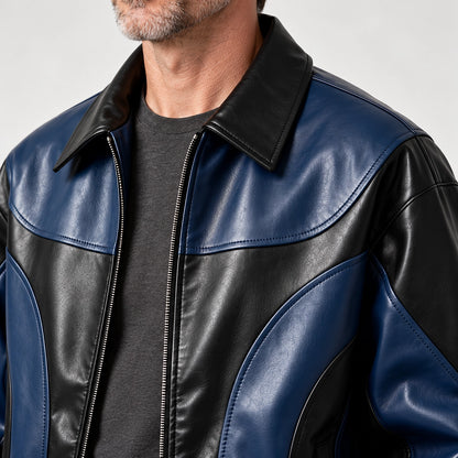Dovek Leather Bomber Jacket — Navy & Black (apparel detail)