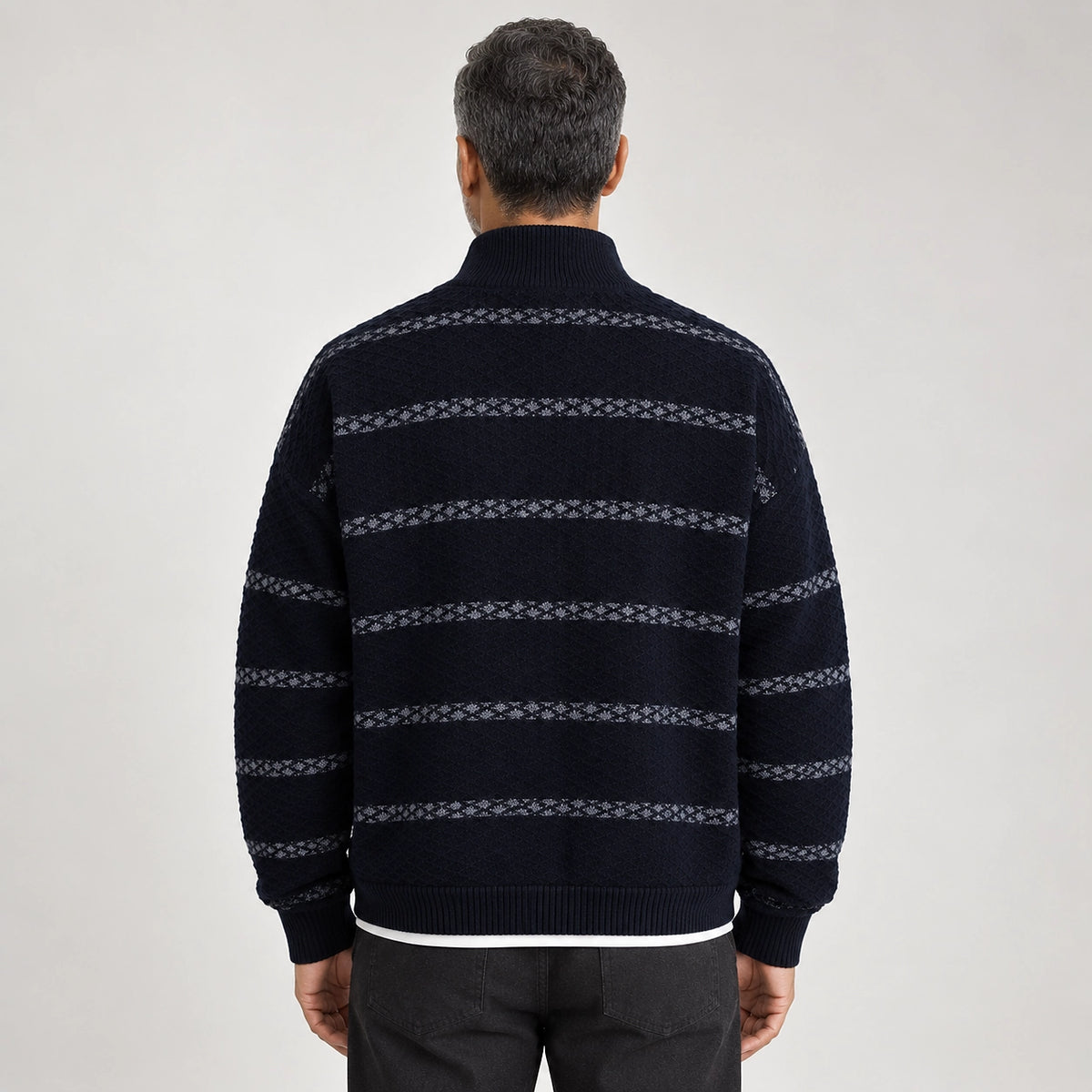 Drevon Striped Knit Cardigan — Navy Blue (apparel back)