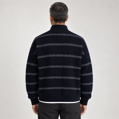 Drevon Striped Knit Cardigan — Navy Blue (apparel back)