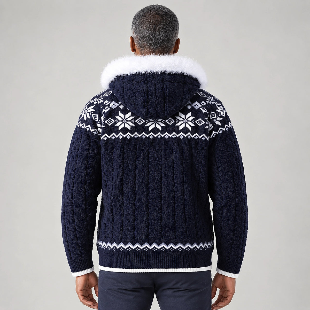 Halvern Cable-Knit Hooded Cardigan — Navy Blue (apparel back)