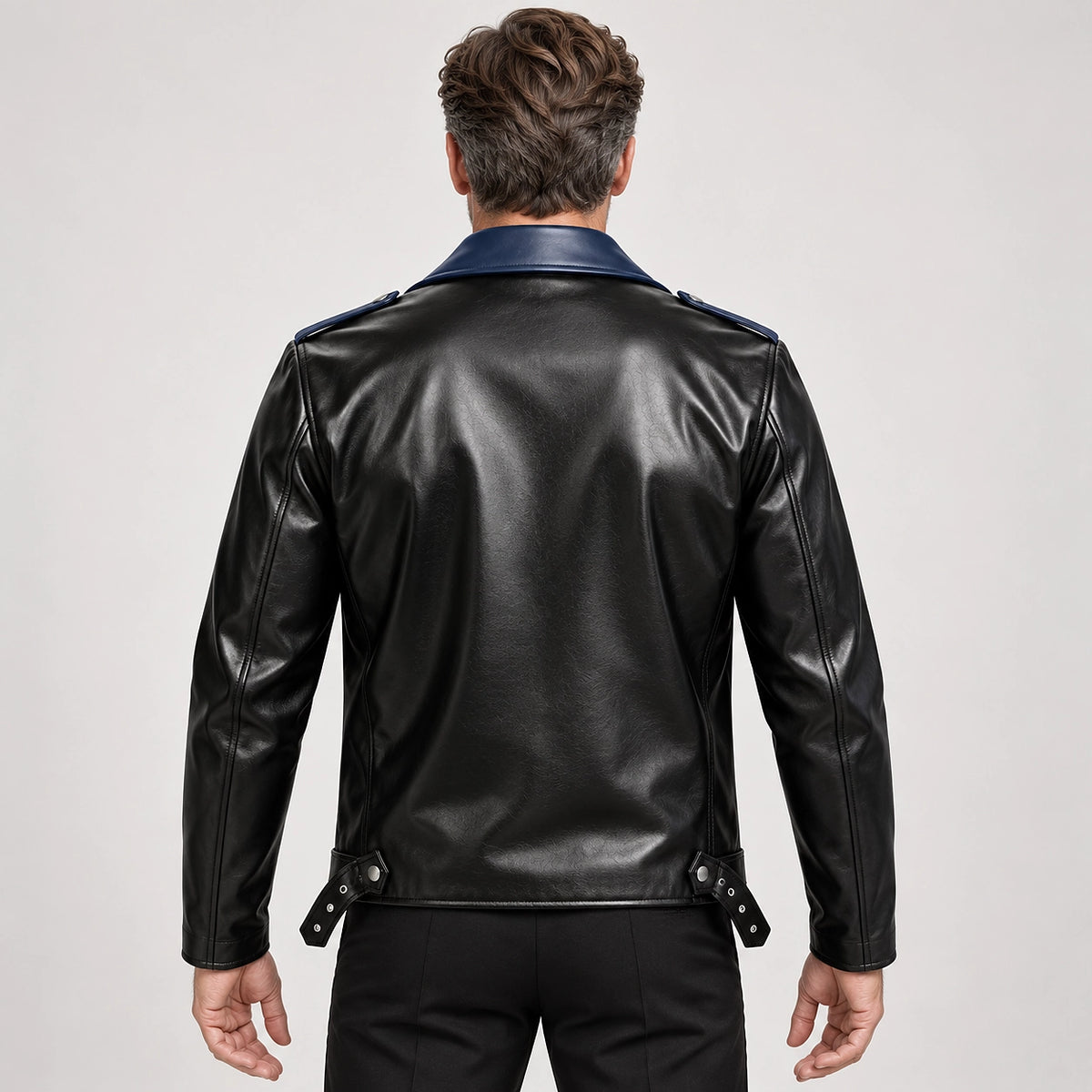 Marovienne Leather Biker Jacket — Navy Blue (apparel back)