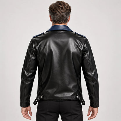 Marovienne Leather Biker Jacket — Navy Blue (apparel back)
