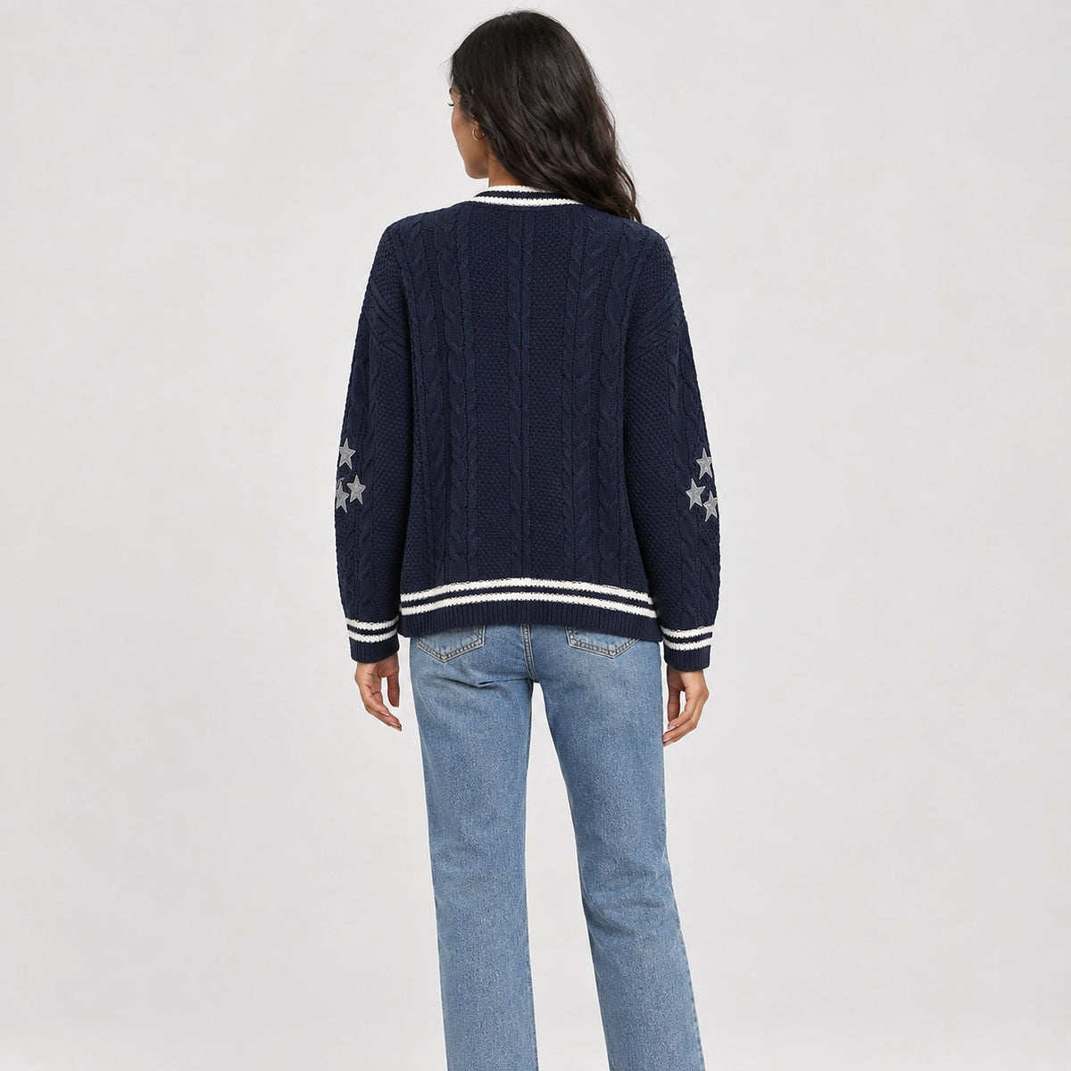 Delwyn Cable-Knit Star Cardigan — Navy Blue (apparel back)