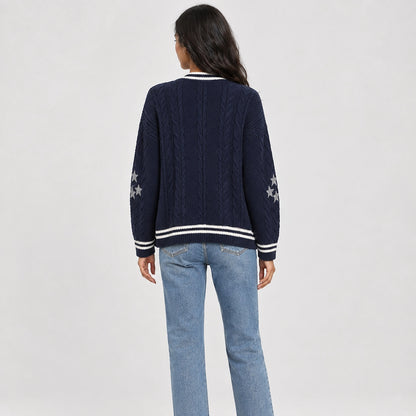 Delwyn Cable-Knit Star Cardigan — Navy Blue (apparel back)
