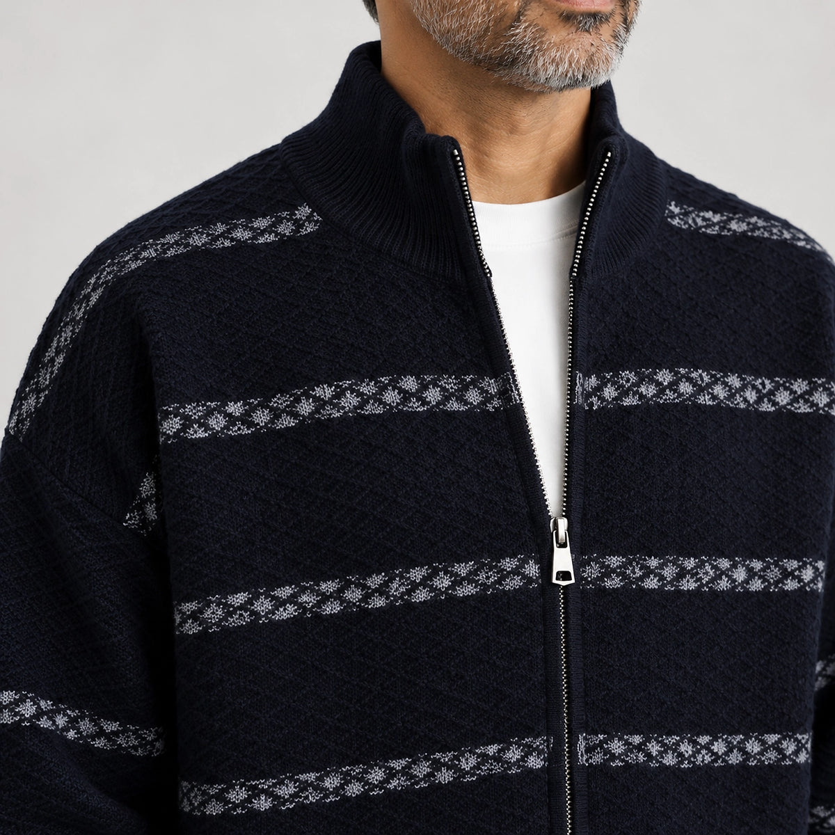 Drevon Striped Knit Cardigan — Navy Blue (apparel detail)