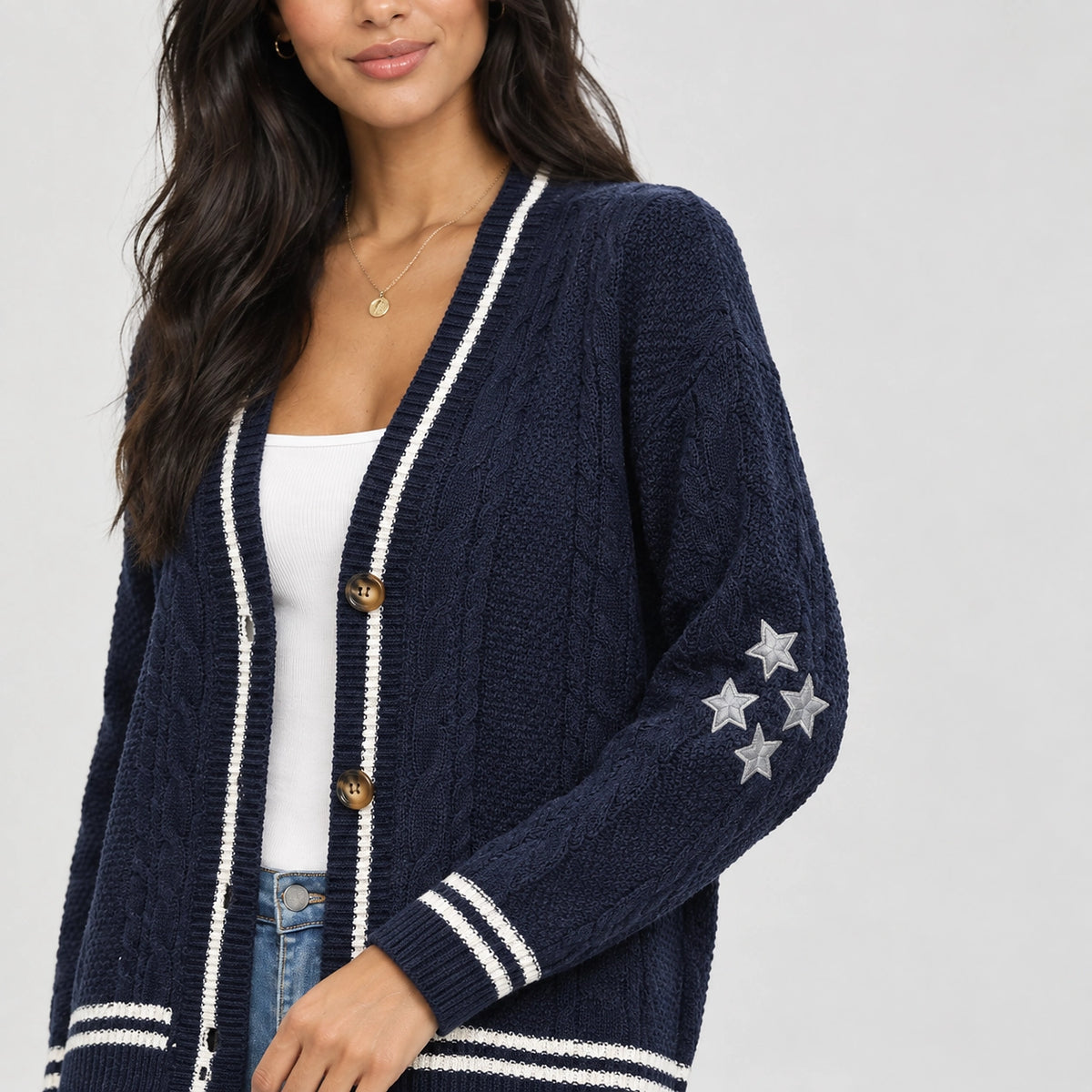 Delwyn Cable-Knit Star Cardigan — Navy Blue (apparel detail)