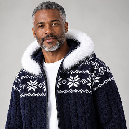 Halvern Cable-Knit Hooded Cardigan — Navy Blue (apparel detail)