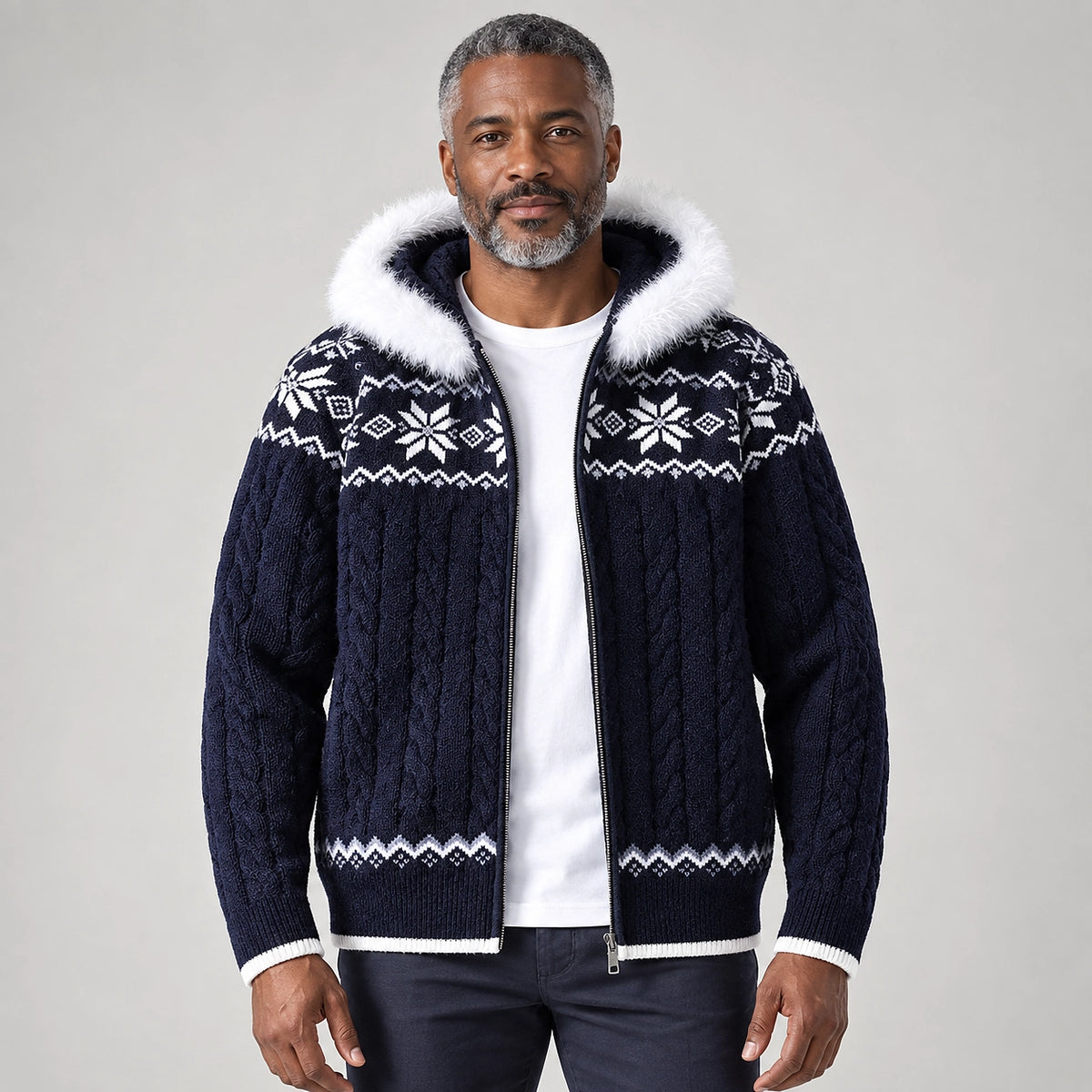 Halvern Cable-Knit Hooded Cardigan — Navy Blue (apparel front)