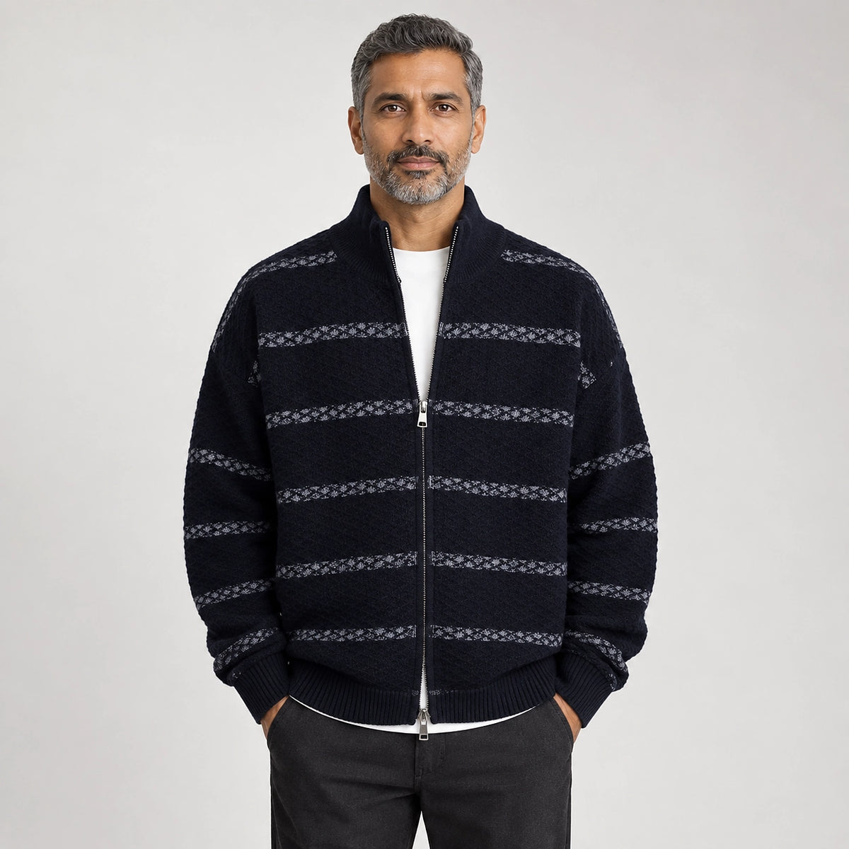 Drevon Striped Knit Cardigan — Navy Blue (apparel front)
