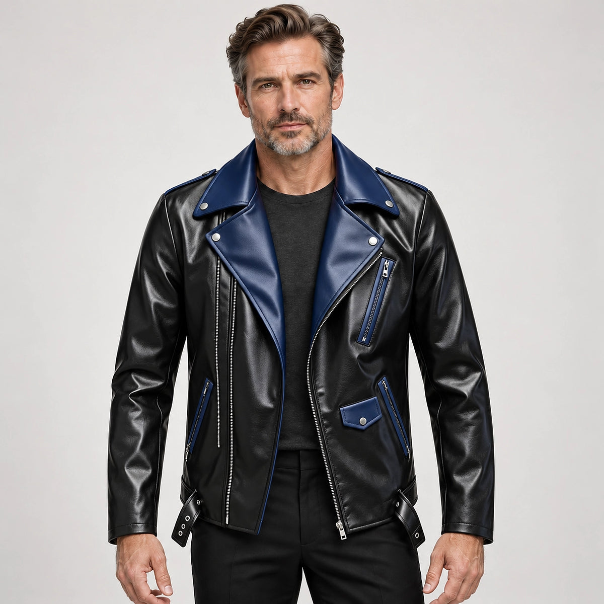 Marovienne Leather Biker Jacket — Navy Blue (apparel front)