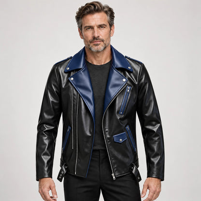 Marovienne Leather Biker Jacket — Navy Blue (apparel front)