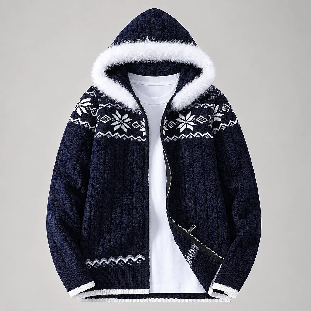 Halvern Cable-Knit Hooded Cardigan — Navy Blue (apparel solo)