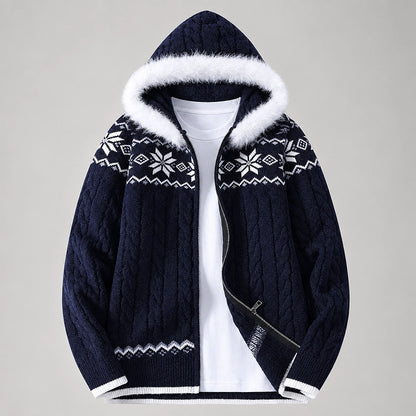 Halvern Cable-Knit Hooded Cardigan — Navy Blue (apparel solo)