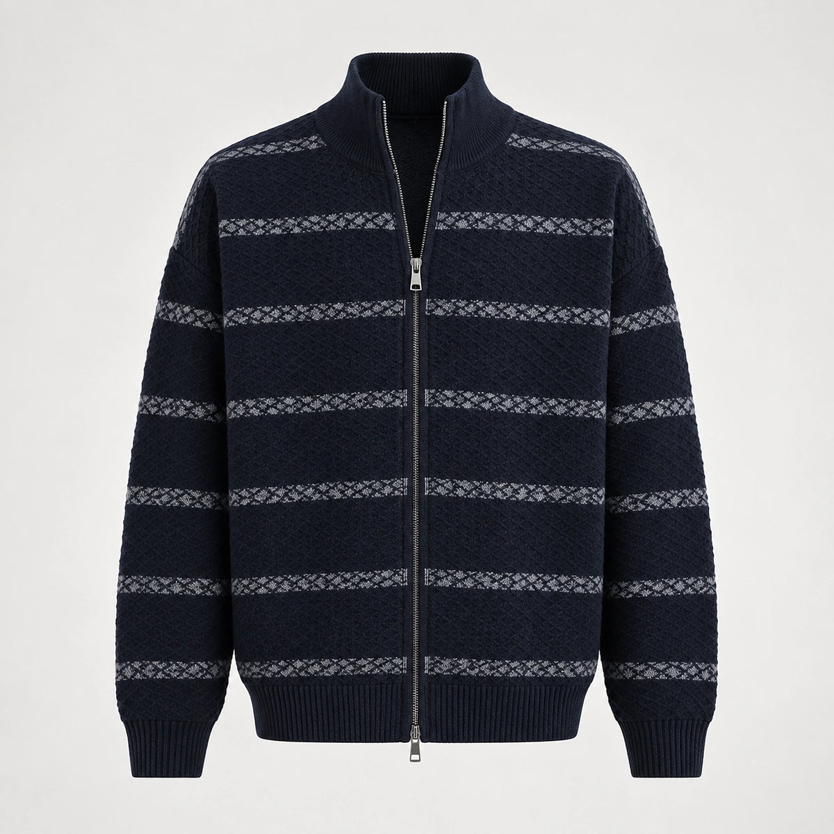 Drevon Striped Knit Cardigan — Navy Blue (apparel solo)