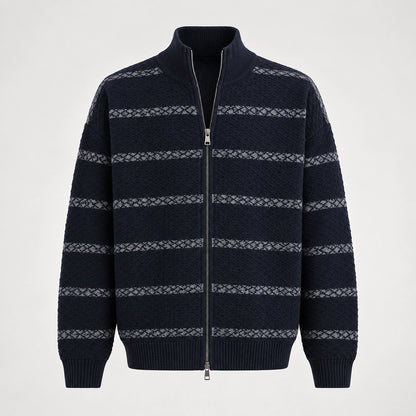 Drevon Striped Knit Cardigan — Navy Blue (apparel solo)