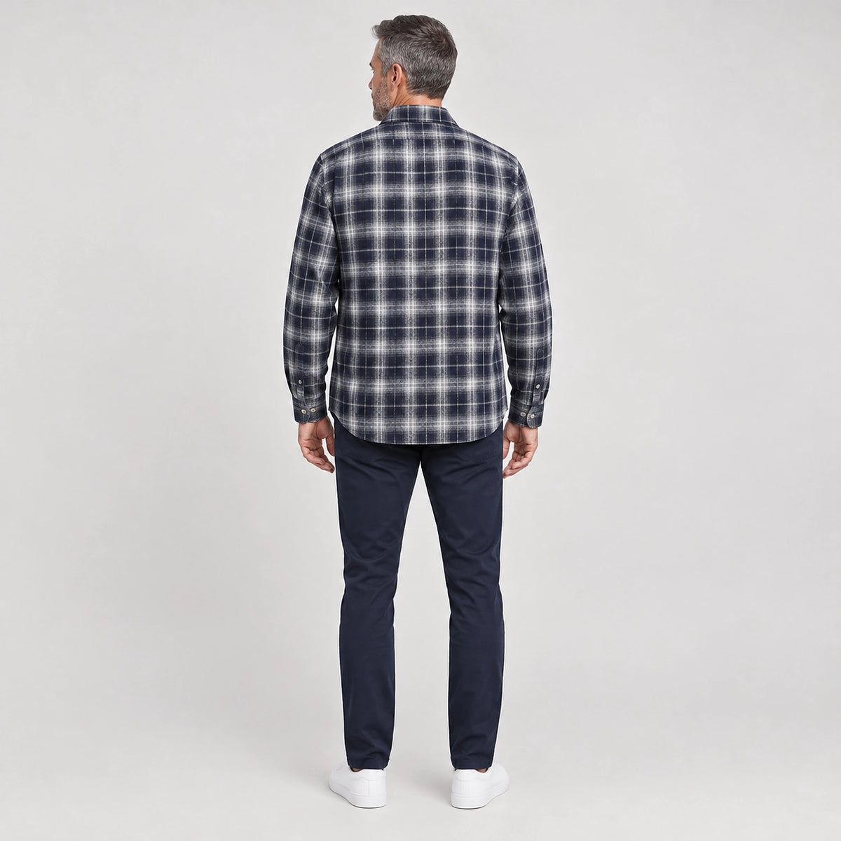 Delvano Plaid Flannel Shirt — Navy Blue Grid (apparel back)