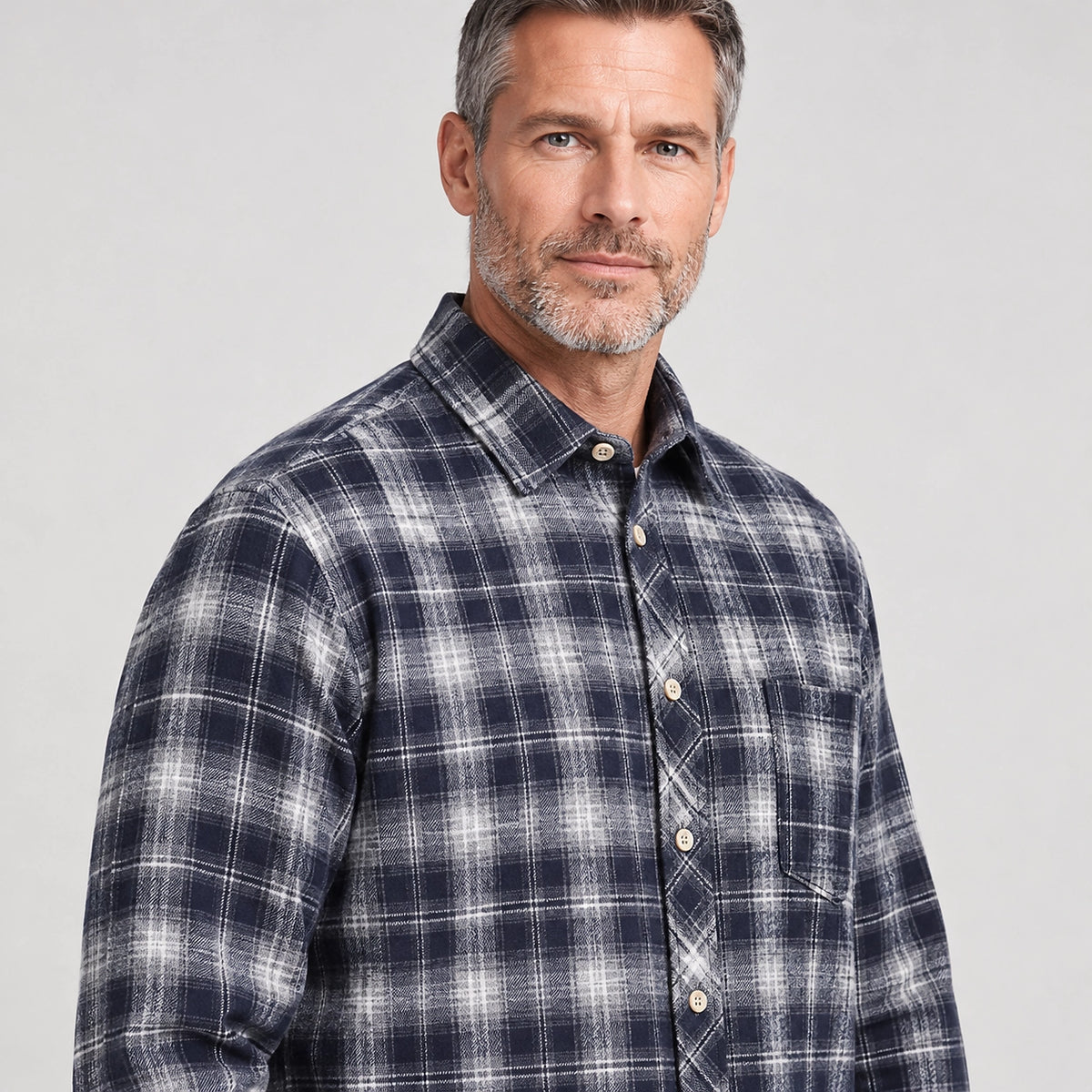 Delvano Plaid Flannel Shirt — Navy Blue Grid (apparel detail)