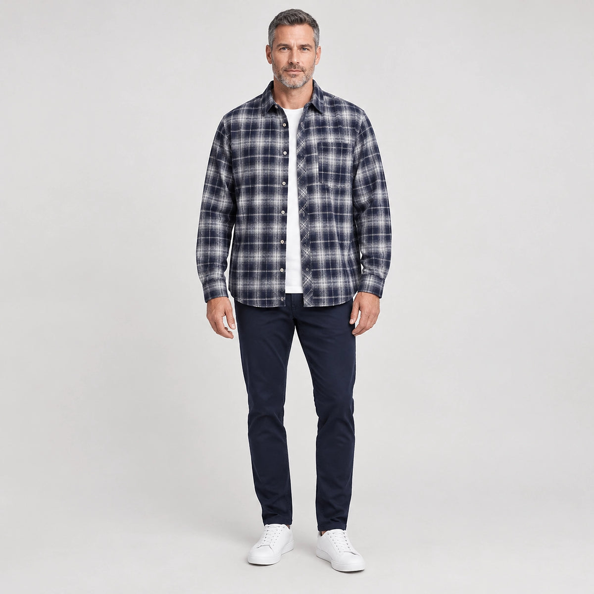 Delvano Plaid Flannel Shirt — Navy Blue Grid (apparel front)