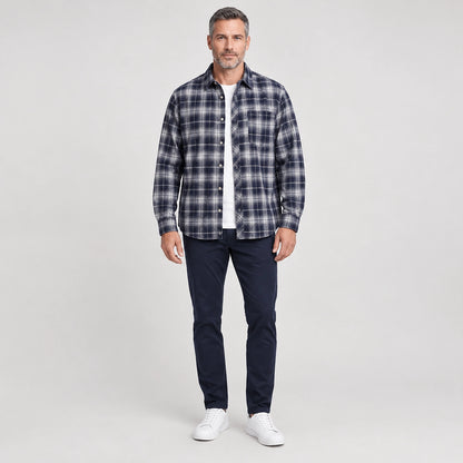 Delvano Plaid Flannel Shirt — Navy Blue Grid (apparel front)