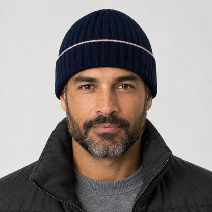 Dalton Wool Beanie — Navy Blue (headwear model front)