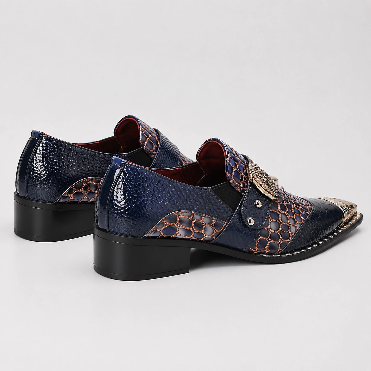 Drakos Leather Monk Strap Loafers — Navy Crocodile (mens shoe angle)