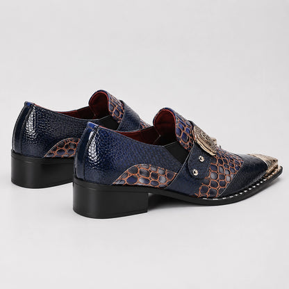 Drakos Leather Monk Strap Loafers — Navy Crocodile (mens shoe angle)