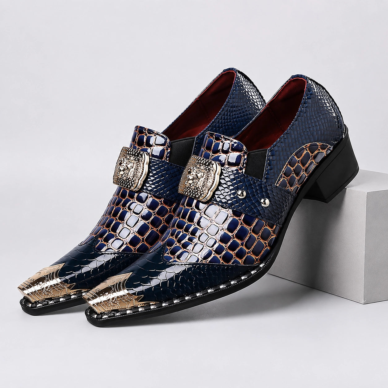 Drakos Leather Monk Strap Loafers — Navy Crocodile (mens shoe pedestal)