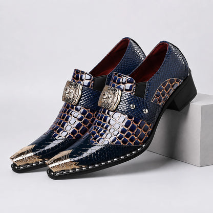 Drakos Leather Monk Strap Loafers — Navy Crocodile (mens shoe pedestal)