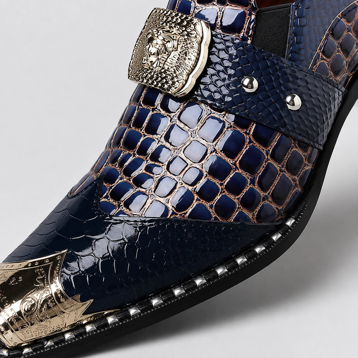 Drakos Leather Monk Strap Loafers — Navy Crocodile (mens shoe zoom)
