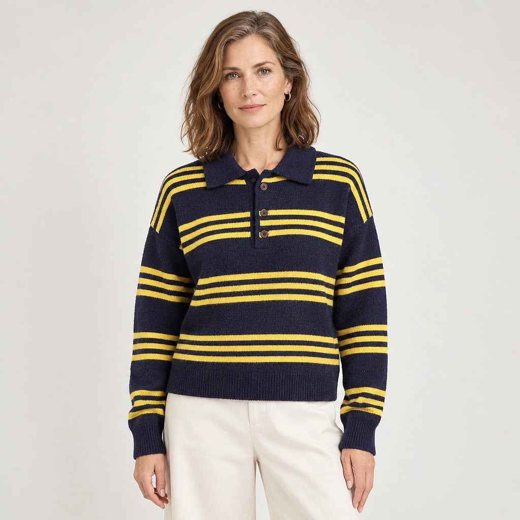 Pelara Striped Polo Sweater — Navy & Yellow Stripe (apparel front)