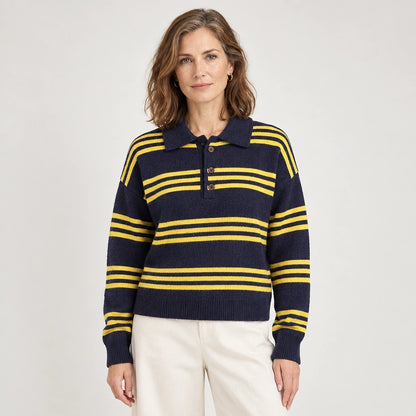 Pelara Striped Polo Sweater — Navy & Yellow Stripe (apparel front)