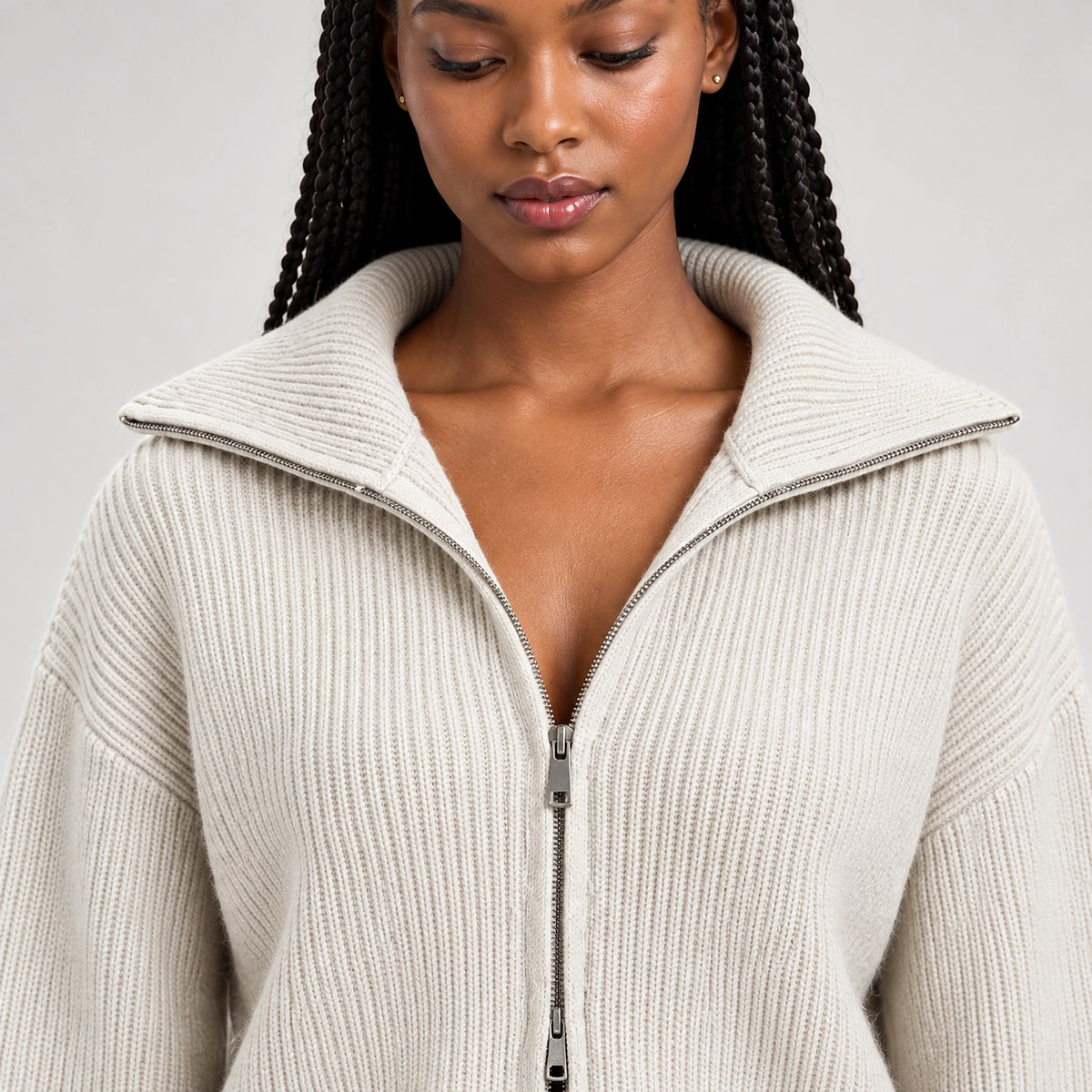 Pelara Ribbed Knit Cardigan — Off-white (apparel detail)